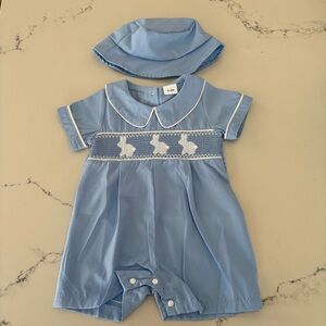 Boys Easter Bunny Vintage Inspired Blue Baby Romper with Hat Embroidered